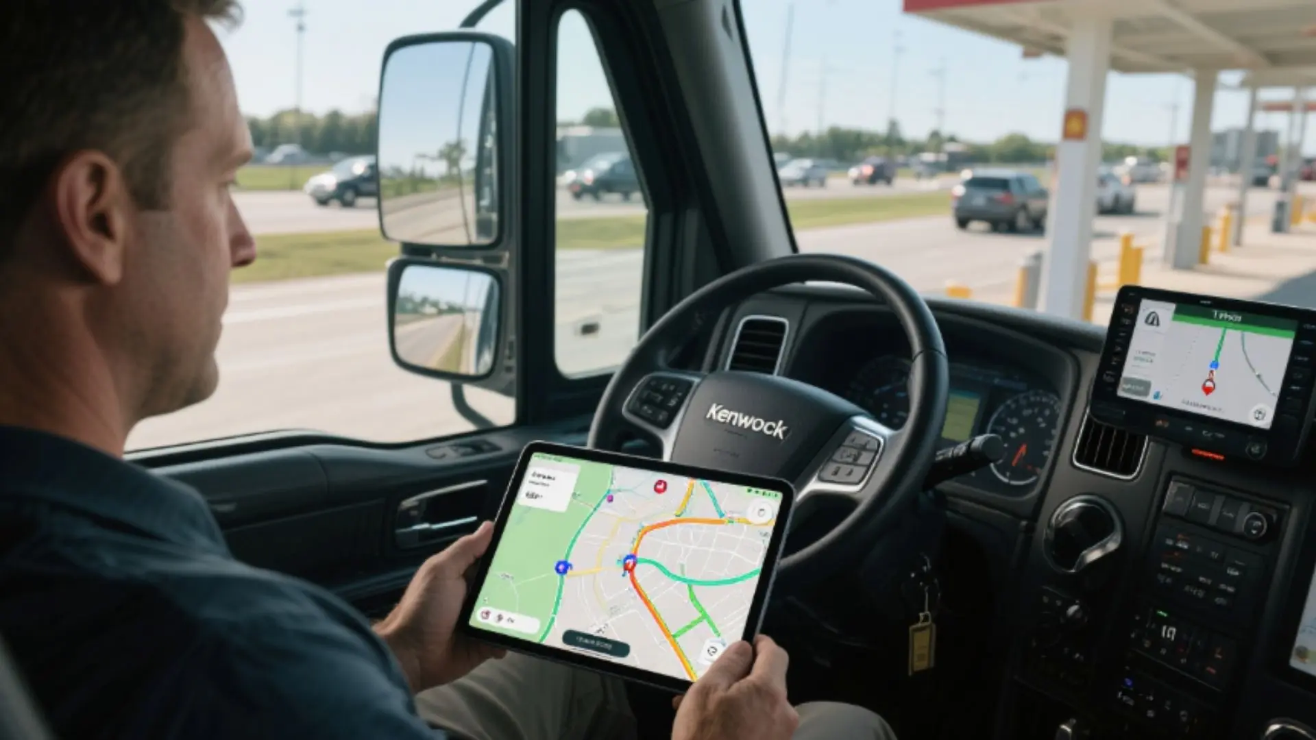 Operador de tractocamión utiliza una tablet con mapas de tráfico en tiempo real dentro de la cabina, mostrando la importancia de planear rutas y anticipar congestionamientos.