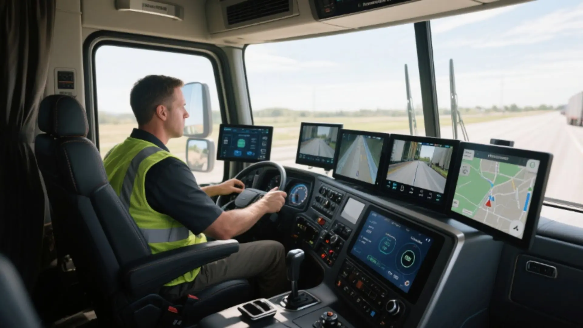 Interior de tractocamión equipado con pantallas de cámaras, sensores y navegación, donde el conductor utiliza tecnología para monitorear el entorno y planificar maniobras seguras.